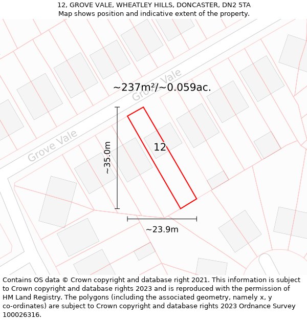 12, GROVE VALE, WHEATLEY HILLS, DONCASTER, DN2 5TA: Plot and title map