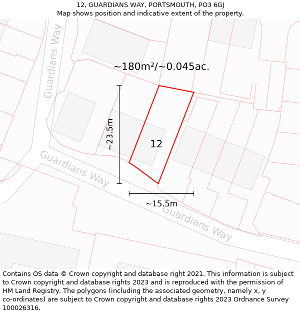 12, GUARDIANS WAY, PORTSMOUTH, PO3 6GJ: Plot and title map