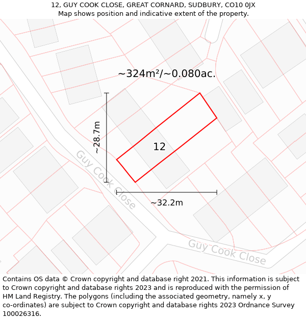 12, GUY COOK CLOSE, GREAT CORNARD, SUDBURY, CO10 0JX: Plot and title map