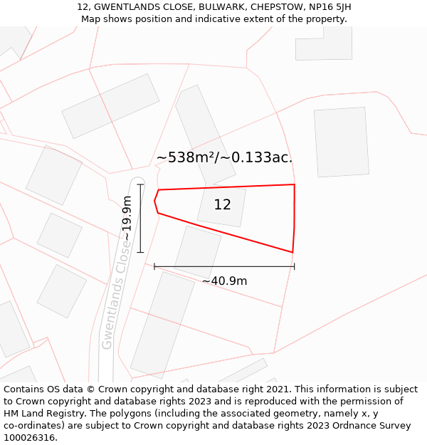 12, GWENTLANDS CLOSE, BULWARK, CHEPSTOW, NP16 5JH: Plot and title map