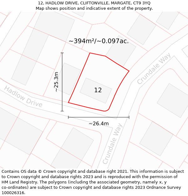 12, HADLOW DRIVE, CLIFTONVILLE, MARGATE, CT9 3YQ: Plot and title map