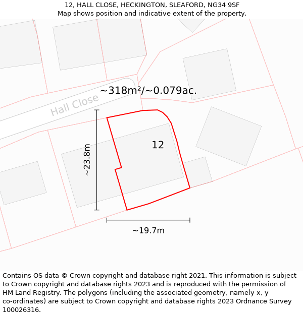 12, HALL CLOSE, HECKINGTON, SLEAFORD, NG34 9SF: Plot and title map