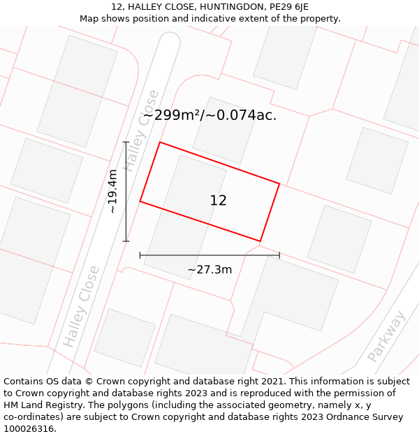 12, HALLEY CLOSE, HUNTINGDON, PE29 6JE: Plot and title map