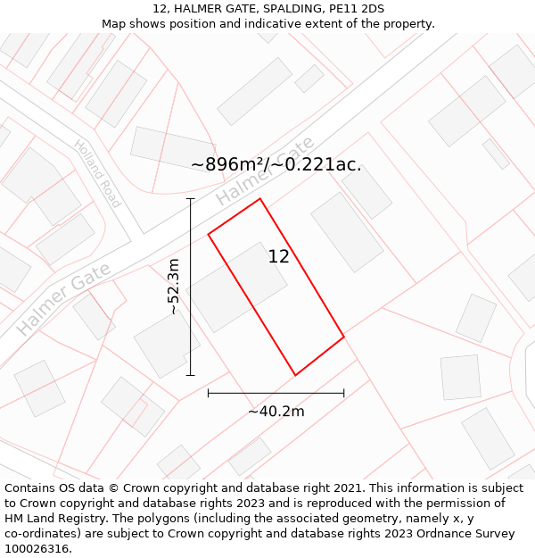 12, HALMER GATE, SPALDING, PE11 2DS: Plot and title map