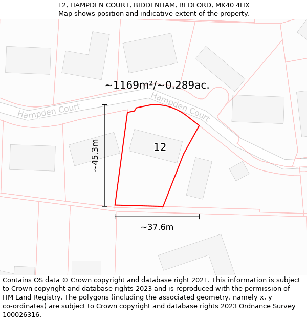 12, HAMPDEN COURT, BIDDENHAM, BEDFORD, MK40 4HX: Plot and title map