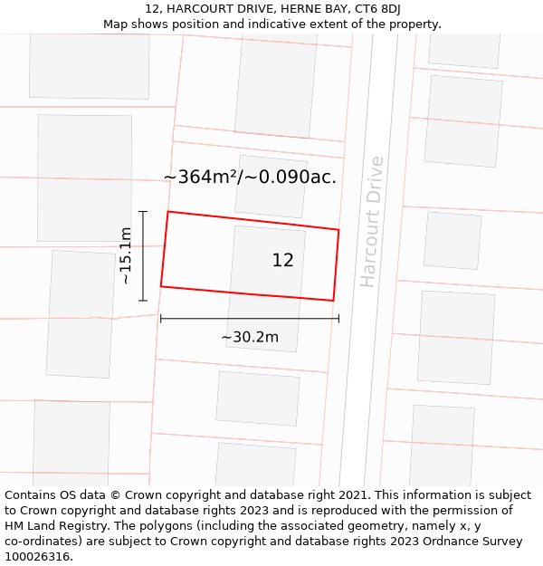 12, HARCOURT DRIVE, HERNE BAY, CT6 8DJ: Plot and title map