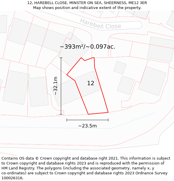 12, HAREBELL CLOSE, MINSTER ON SEA, SHEERNESS, ME12 3ER: Plot and title map