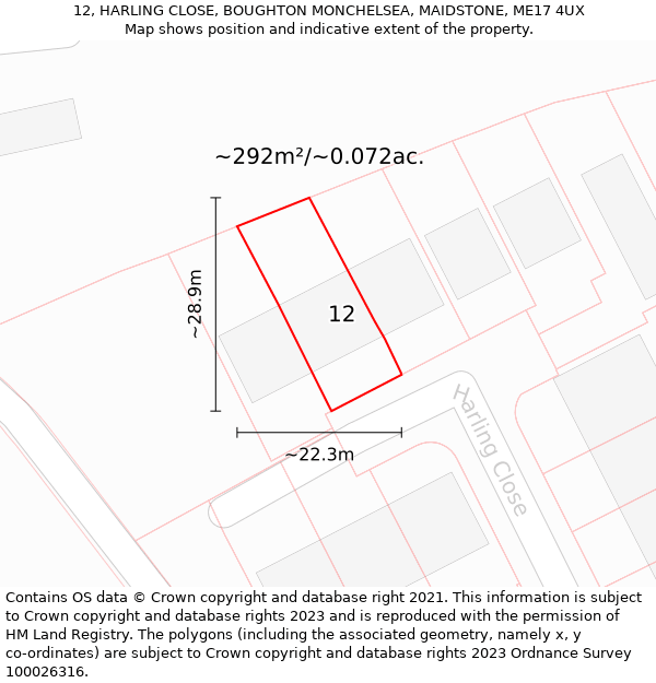 12, HARLING CLOSE, BOUGHTON MONCHELSEA, MAIDSTONE, ME17 4UX: Plot and title map