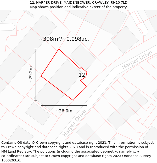 12, HARPER DRIVE, MAIDENBOWER, CRAWLEY, RH10 7LD: Plot and title map