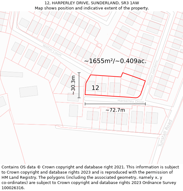 12, HARPERLEY DRIVE, SUNDERLAND, SR3 1AW: Plot and title map