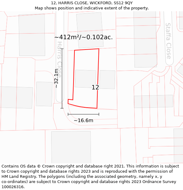 12, HARRIS CLOSE, WICKFORD, SS12 9QY: Plot and title map