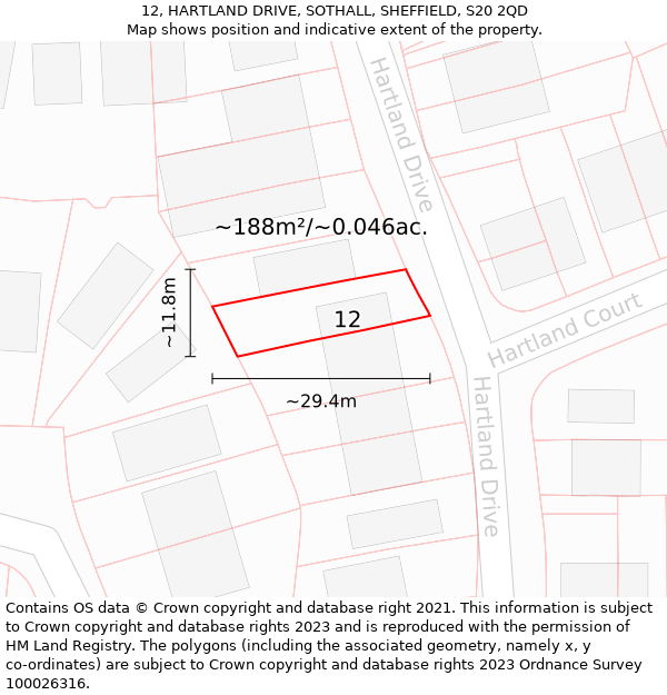 12, HARTLAND DRIVE, SOTHALL, SHEFFIELD, S20 2QD: Plot and title map