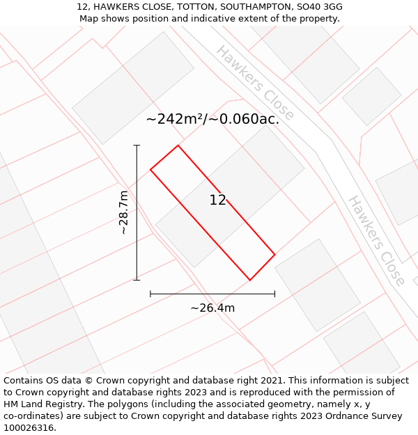 12, HAWKERS CLOSE, TOTTON, SOUTHAMPTON, SO40 3GG: Plot and title map