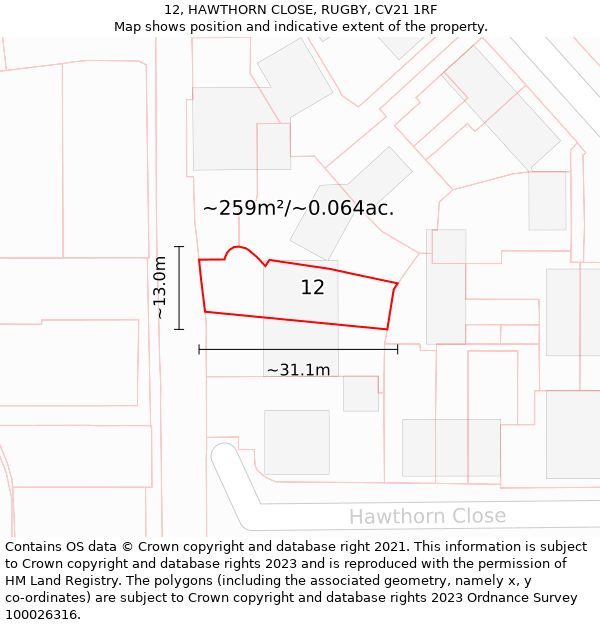 12, HAWTHORN CLOSE, RUGBY, CV21 1RF: Plot and title map