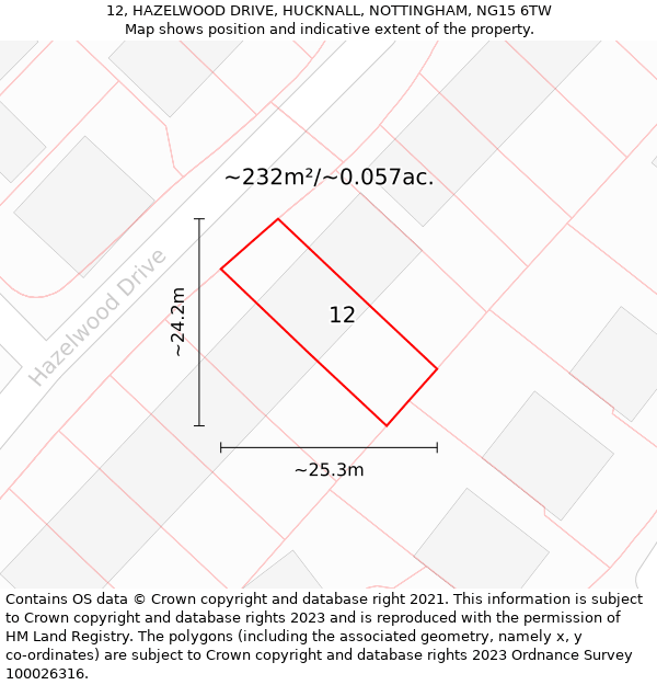 12, HAZELWOOD DRIVE, HUCKNALL, NOTTINGHAM, NG15 6TW: Plot and title map