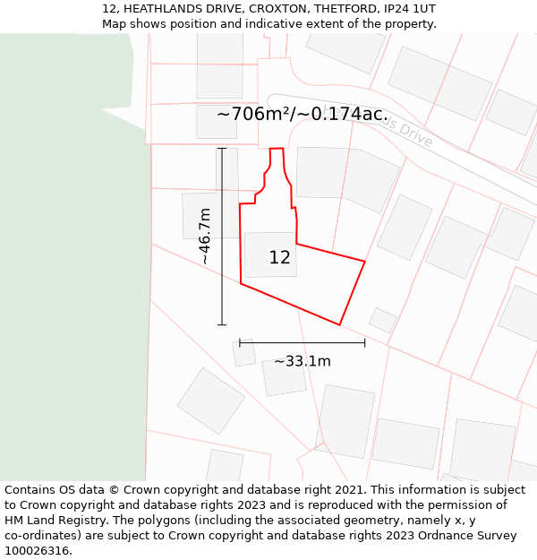12, HEATHLANDS DRIVE, CROXTON, THETFORD, IP24 1UT: Plot and title map