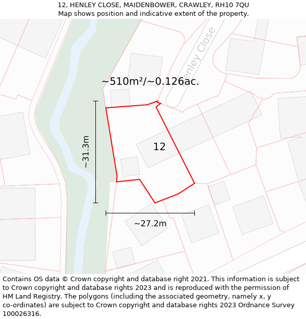 12, HENLEY CLOSE, MAIDENBOWER, CRAWLEY, RH10 7QU: Plot and title map
