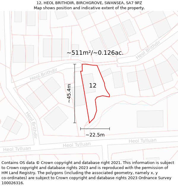 12, HEOL BRITHDIR, BIRCHGROVE, SWANSEA, SA7 9PZ: Plot and title map