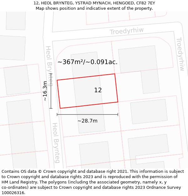 12, HEOL BRYNTEG, YSTRAD MYNACH, HENGOED, CF82 7EY: Plot and title map
