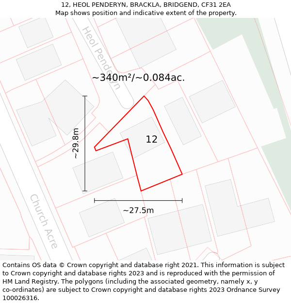 12, HEOL PENDERYN, BRACKLA, BRIDGEND, CF31 2EA: Plot and title map