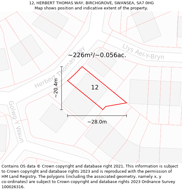 12, HERBERT THOMAS WAY, BIRCHGROVE, SWANSEA, SA7 0HG: Plot and title map