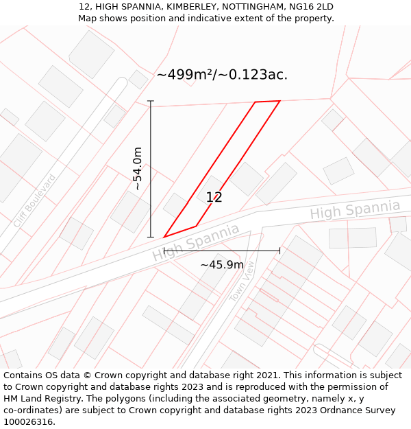 12, HIGH SPANNIA, KIMBERLEY, NOTTINGHAM, NG16 2LD: Plot and title map
