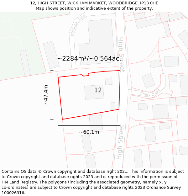12, HIGH STREET, WICKHAM MARKET, WOODBRIDGE, IP13 0HE: Plot and title map