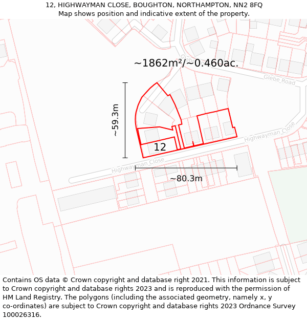 12, HIGHWAYMAN CLOSE, BOUGHTON, NORTHAMPTON, NN2 8FQ: Plot and title map