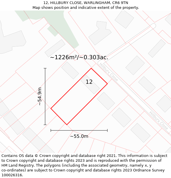 12, HILLBURY CLOSE, WARLINGHAM, CR6 9TN: Plot and title map