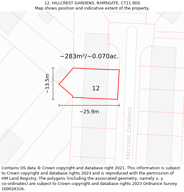 12, HILLCREST GARDENS, RAMSGATE, CT11 0DS: Plot and title map