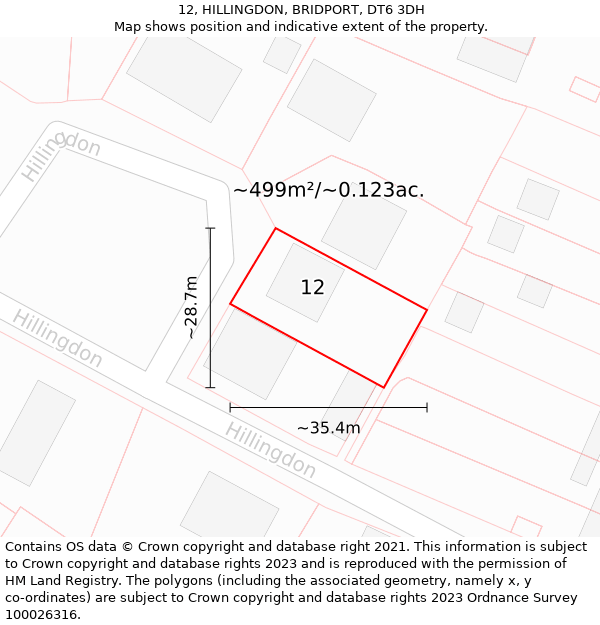 12, HILLINGDON, BRIDPORT, DT6 3DH: Plot and title map