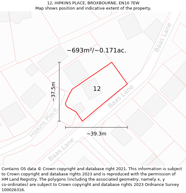 12, HIPKINS PLACE, BROXBOURNE, EN10 7EW: Plot and title map