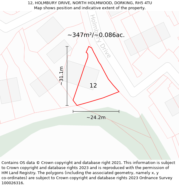 12, HOLMBURY DRIVE, NORTH HOLMWOOD, DORKING, RH5 4TU: Plot and title map