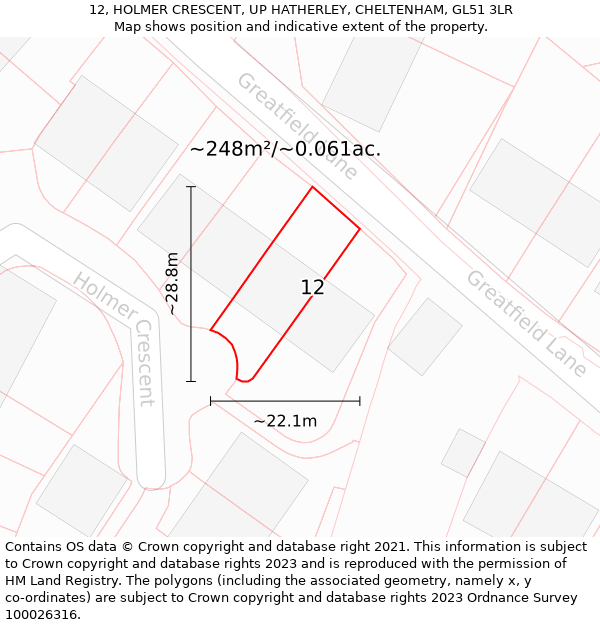 12, HOLMER CRESCENT, UP HATHERLEY, CHELTENHAM, GL51 3LR: Plot and title map