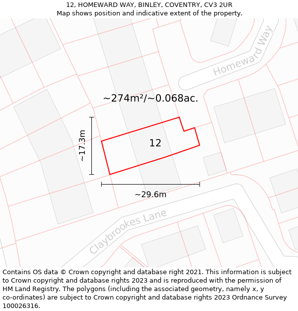 12, HOMEWARD WAY, BINLEY, COVENTRY, CV3 2UR: Plot and title map