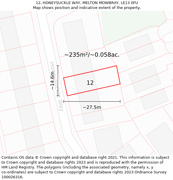 12, HONEYSUCKLE WAY, MELTON MOWBRAY, LE13 0FU: Plot and title map