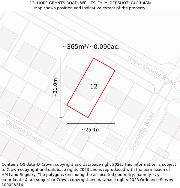 12, HOPE GRANTS ROAD, WELLESLEY, ALDERSHOT, GU11 4AN: Plot and title map