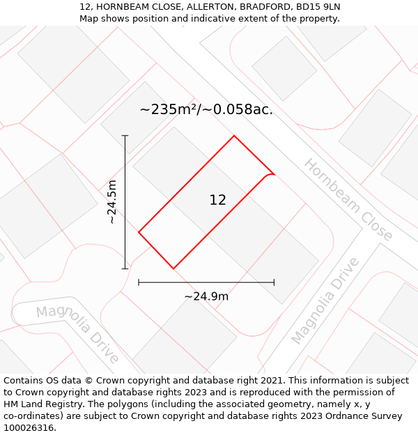 12, HORNBEAM CLOSE, ALLERTON, BRADFORD, BD15 9LN: Plot and title map