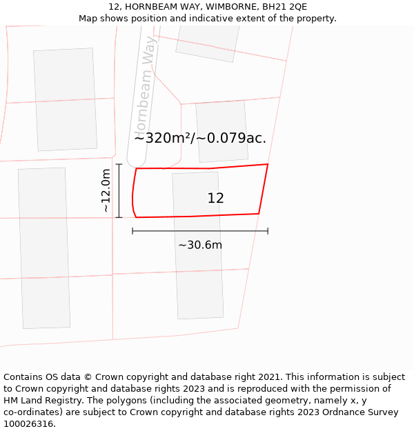 12, HORNBEAM WAY, WIMBORNE, BH21 2QE: Plot and title map