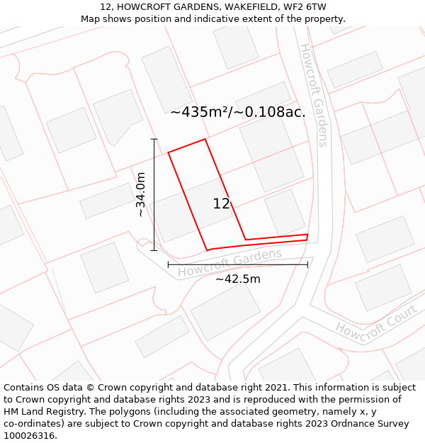 12, HOWCROFT GARDENS, WAKEFIELD, WF2 6TW: Plot and title map