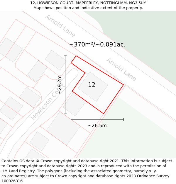 12, HOWIESON COURT, MAPPERLEY, NOTTINGHAM, NG3 5UY: Plot and title map