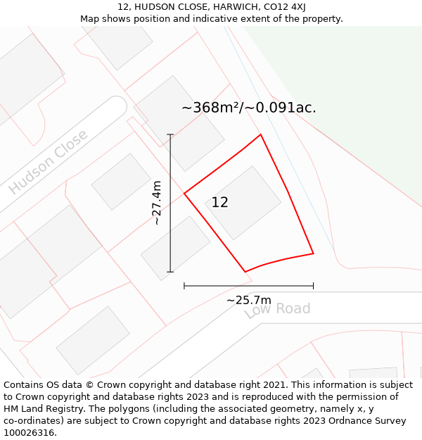 12, HUDSON CLOSE, HARWICH, CO12 4XJ: Plot and title map