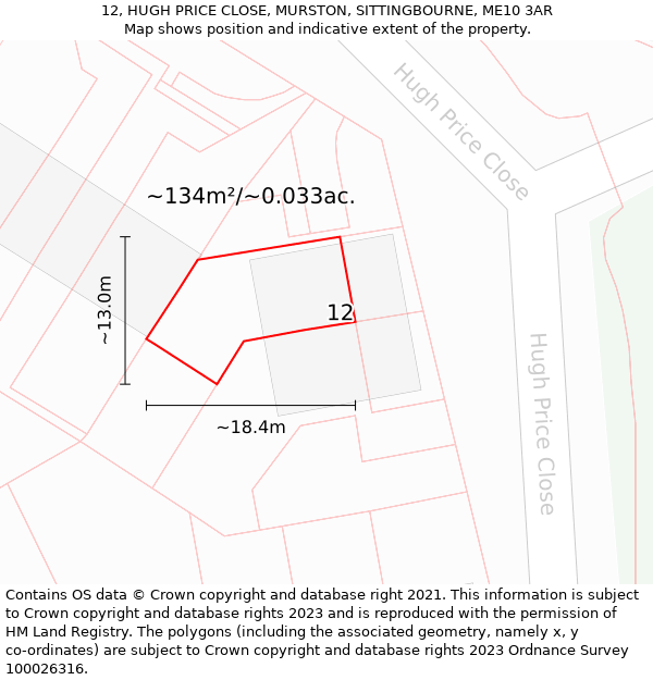 12, HUGH PRICE CLOSE, MURSTON, SITTINGBOURNE, ME10 3AR: Plot and title map