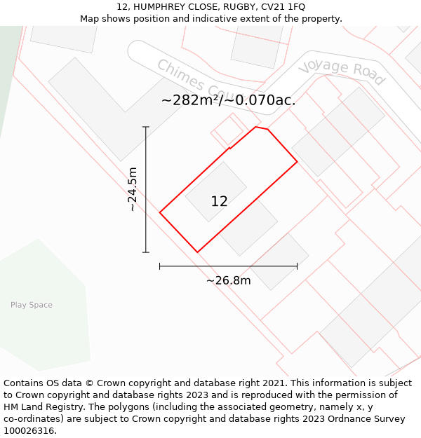 12, HUMPHREY CLOSE, RUGBY, CV21 1FQ: Plot and title map