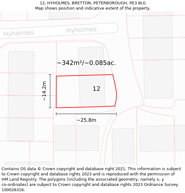 12, HYHOLMES, BRETTON, PETERBOROUGH, PE3 8LG: Plot and title map