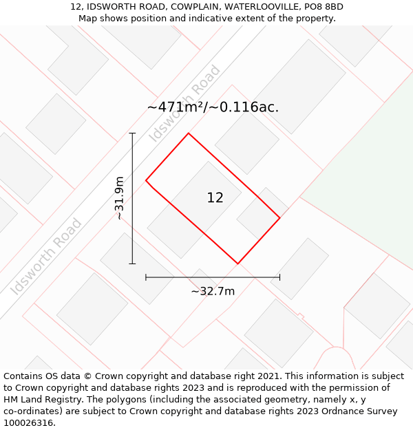 12, IDSWORTH ROAD, COWPLAIN, WATERLOOVILLE, PO8 8BD: Plot and title map