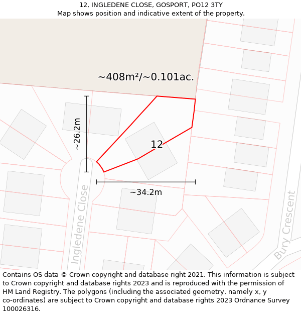 12, INGLEDENE CLOSE, GOSPORT, PO12 3TY: Plot and title map