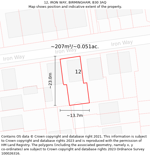 12, IRON WAY, BIRMINGHAM, B30 3AQ: Plot and title map