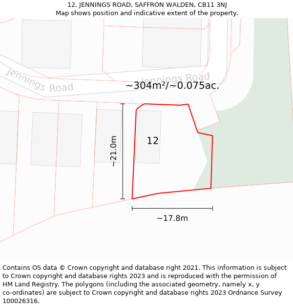 12, JENNINGS ROAD, SAFFRON WALDEN, CB11 3NJ: Plot and title map