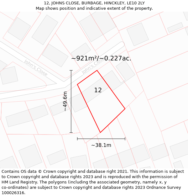 12, JOHNS CLOSE, BURBAGE, HINCKLEY, LE10 2LY: Plot and title map